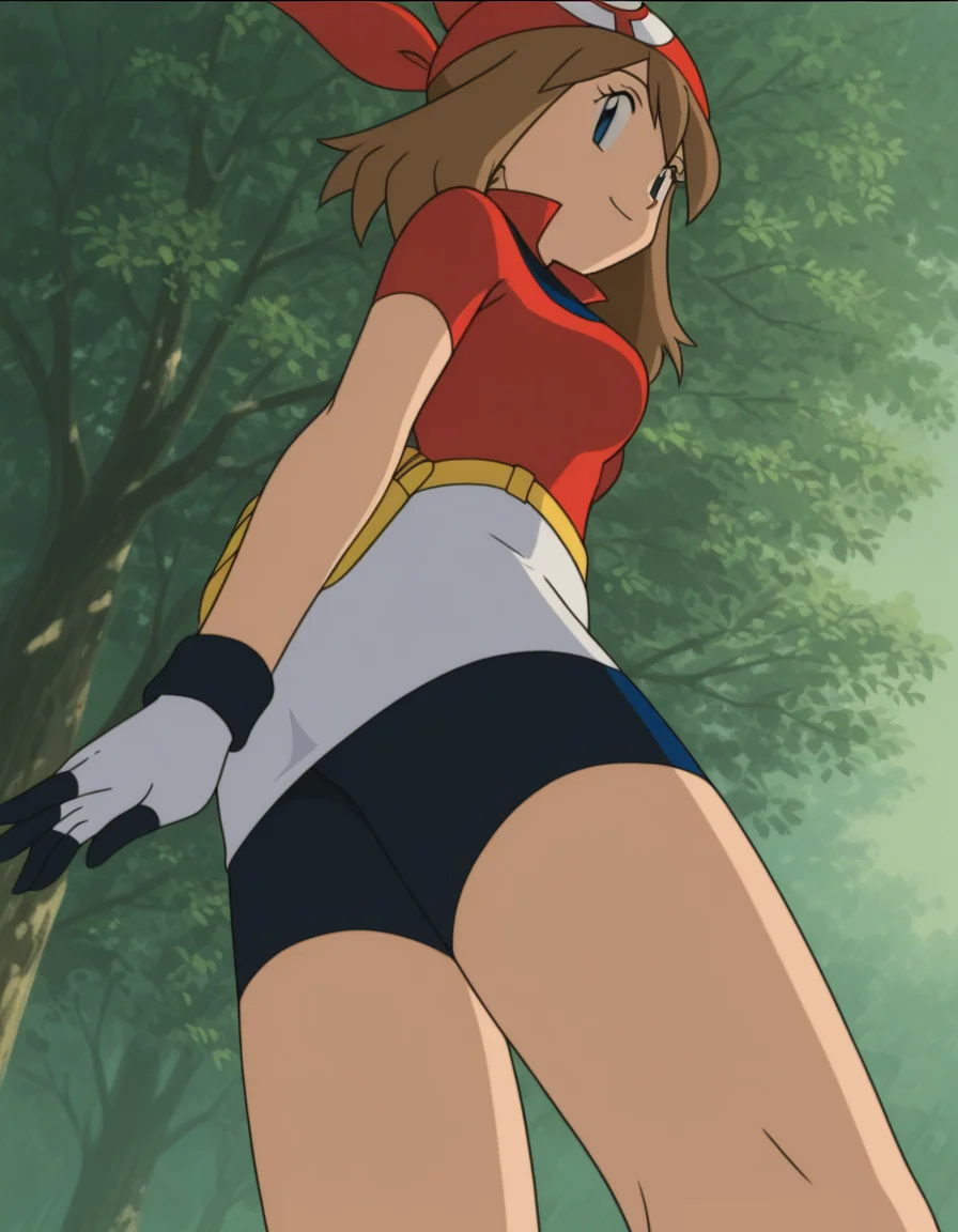 official style,may (pokemon), pokemon (anime), 2000s,brown hair, blue eyes, red bandans, red shirt, short sleeves, gloves, white pouch, white skirt, short skirt, pencil skirt, bike shorts,(standing:1.5),
explicit,(anime screencap), 2d cel anime,anime cap,anime,anime style,anime cel,cell shadedsoft brightness,perfect face,perfect nose, perfect hair, perfect eyes,perfect female body,perfect skin,a face of perfect proportion,perfect lighting,perfect anatomy,perfect proportion,perfect hands,perfect legs,perfect fingers,masterpiece,hair between eyes,
breasts,
perky breasts,best quality,very aesthetic,absurdres,16k,intricate detail,amazing quality,(bold:3.12),thick outline,black outline,harsh lines,soft lines,deluster,boldline,curvy,(anime coloring:1.2), smile,slim,
looking at viewer,
super fine illustration,detailed linework,vibrant colors,kawaii,flat color,outdoors,forest,
(from below:2.5),(from side:2.5),
<lora:ãã±ããã¢ã³ã¹ã¿ã¼ãã«ã«åå ´çã¢ãã¡ä½ç»é¢¨PokemonMayMovie_ANIME_Styleillustrious-000015:1:0.8>