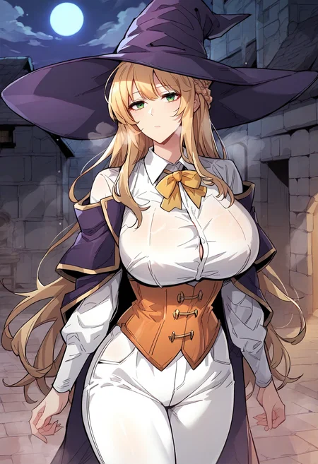 score_9, score_8_up, score_7_up, score_6_up, source_anime, rating_explicit, 1girl, solo, huge breasts, <lora:Jesse Hinenes prefectPonyxl:0.85> blonde hair, green eyes, long hair, french braid, witch hat, purple hat, purple coat, white shirt, collared shirt, yellow bowtie, long sleeves, orange corset, white pants, expressionless, Narrow shoulders, heavy breathing, steaming body, night, dungeon, outdoors, standing, looking at viewer