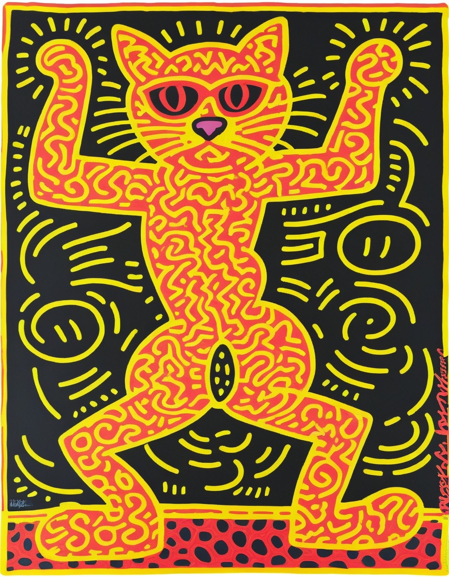 breathtaking <lora:KeithHaringXL_v1:1> KeithHaringXL, a stylized drawing of a Cat Dancing (KeithHaring:1), vibrant, highly detailed, High dynamic range, masterpiece, award-winning, professional, highly detailed