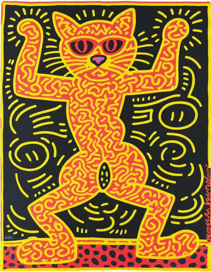 breathtaking <lora:KeithHaringXL_v1:1> KeithHaringXL, a stylized drawing of a Cat Dancing (KeithHaring:1), vibrant, highly detailed, High dynamic range, masterpiece, award-winning, professional, highly detailed