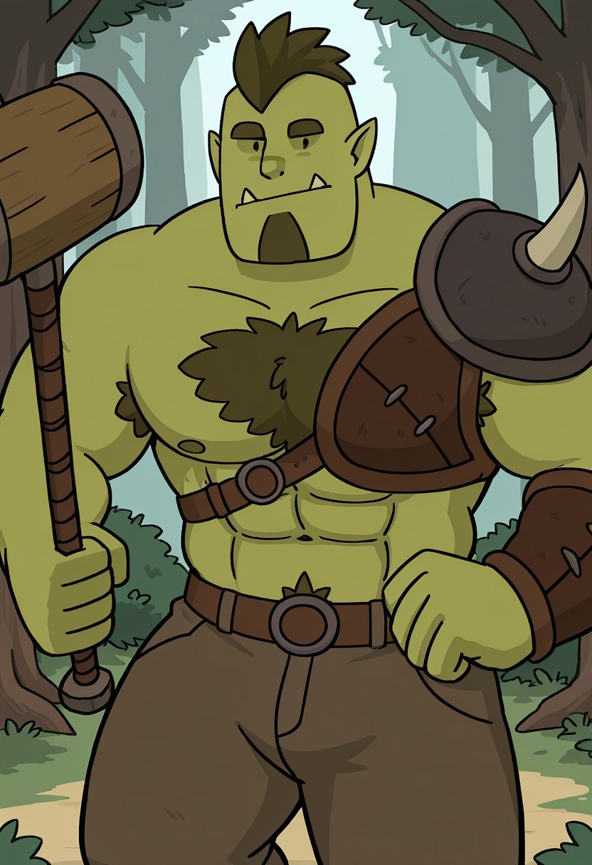 detailed background, detailed background, masterpiece, perfect quality, best quality, detailed, newest, very aesthetic, OrcRMA, tusks, orc, pointy ears, facial hair, short hair, bara, solo, 1boy, male focus, woods background, pectorals, abs, muscular, smile, chest hair, looking at viewer, black dot eyes, shoulder armor, weapon, pants, green skin, mallet