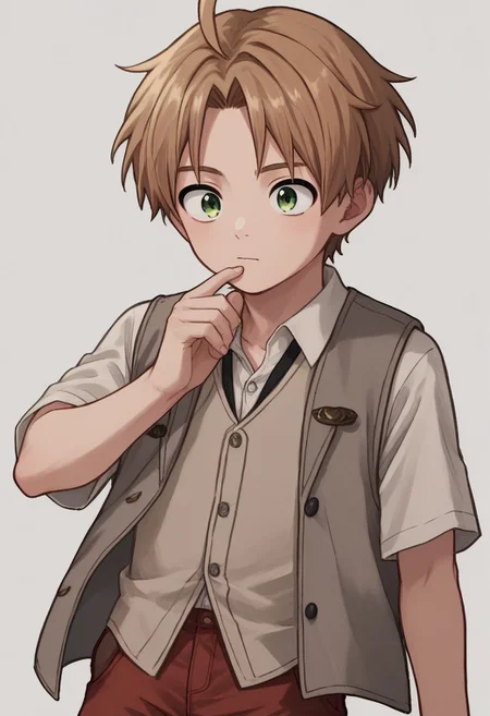 score_9, score_8_up, score_7_up, source_anime, highly detailed, cute boy, 1boy, solo, young, rudeus greyrat, light brown hair, green eyes, (short sleeve white button up shirt), (grey sleeveless vest), (black sleeveless jacket), bolo tie, red shorts