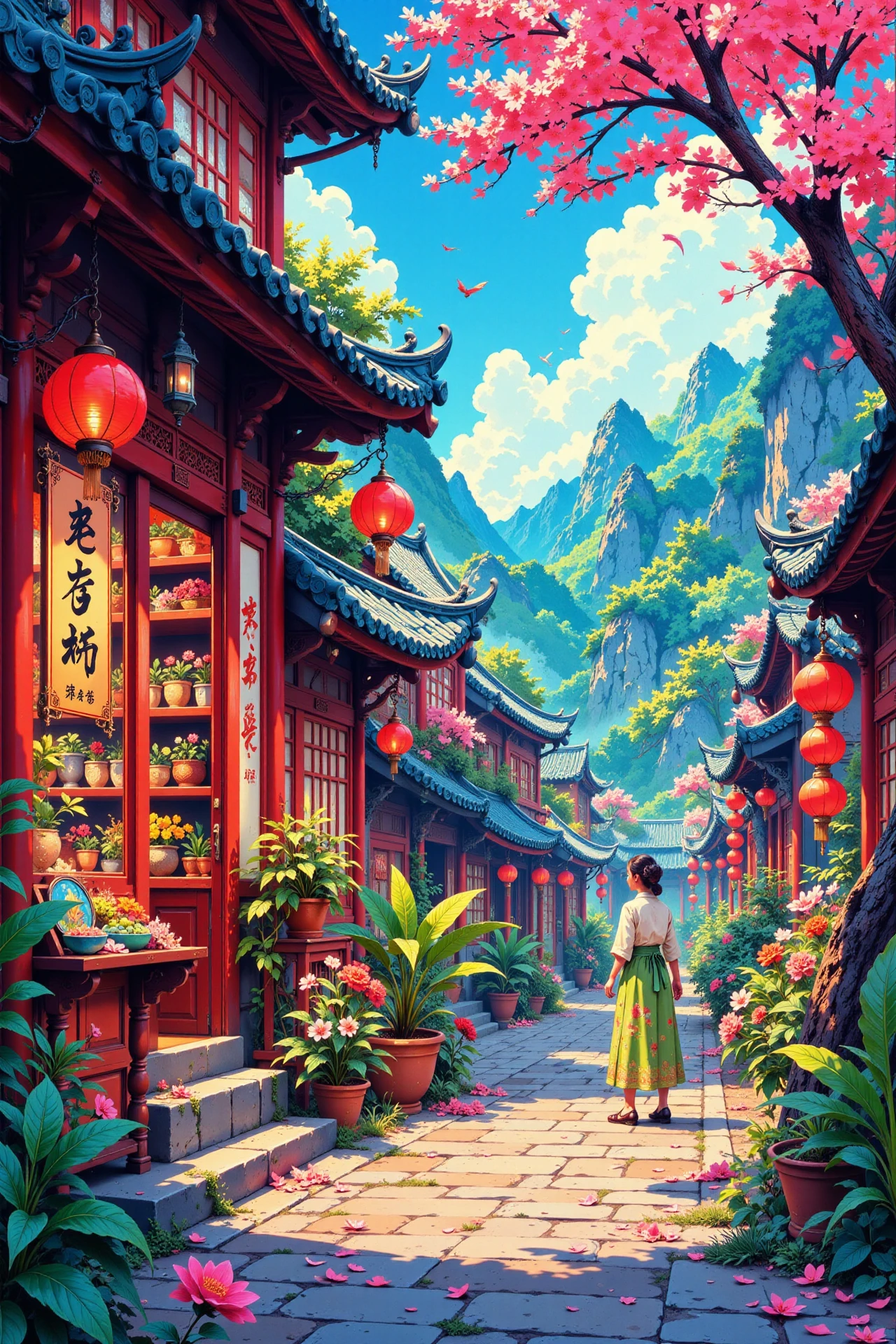 a chinese store beautiful landscape, noon, woman, very intricate, very detailed, sharp, bright, colorful, <lora:Hand v2:0.5> <lora:Anti-Blur:1><lora:Insane Detail Slider:0.25>  <lora:flux.1_lora_flyway_Epic-detail_v2:0.3> <lora:fluxenhancer:0.25> <lora:ROWER:0.6> <lora:flux-charmer-v1-1:0.4> <lora:Vibrantly_Sharp_style_v.5:0.4> <lora:Flux_Anime_Retro_Style:0.8> retroanime
