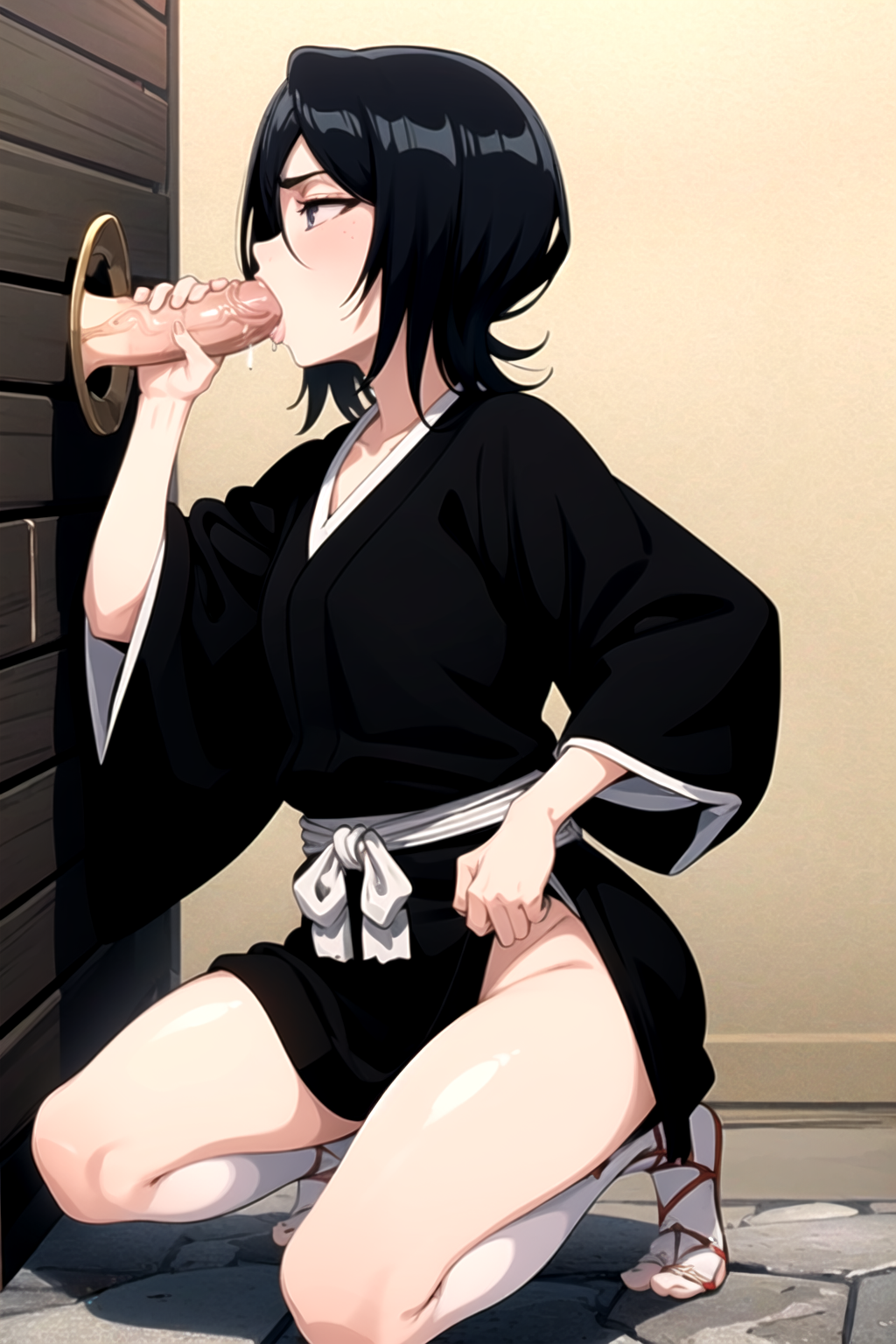 best quality, masterpiece, 1girl, glory hole, fellatio, penis,1boy,  kuchikirukia, black robes, sash