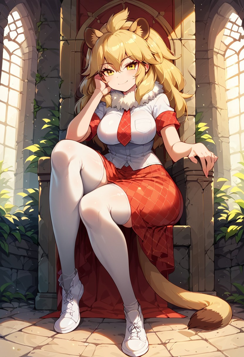1girl, ((solo)), best quality, ultra-detailed, extremely detailed, perfect anatomy, masterpiece, score_9, score_8_up, score_7_up, Expressiveh, lion (kemono friends), blonde hair, animal ears, tail, yellow eyes, long hair, hair between eyes, white shirt, short sleeves, fur collar, red skirt, plaid skirt, red necktie, plaid necktie, thighhighs, breast pocket, white shoes, medium breasts, thick thighs, wide hips, thigh squish, full body, indoors, medieval ruins, throne room ruins, stone throne, plant overgrowth, light shining in through windows, windows on sides, sitting in throne, leaning into throne, one leg crossed, resting elbow on leg, leaning forward, resting hand on cheek, confident look, confident smile, smug smile, staring at viewer, viewed from below, dynamic lighting, closeup,