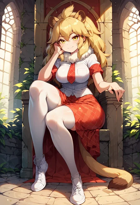 1girl, ((solo)), best quality, ultra-detailed, extremely detailed, perfect anatomy, masterpiece, score_9, score_8_up, score_7_up, Expressiveh, lion (kemono friends), blonde hair, animal ears, tail, yellow eyes, long hair, hair between eyes, white shirt, short sleeves, fur collar, red skirt, plaid skirt, red necktie, plaid necktie, thighhighs, breast pocket, white shoes, medium breasts, thick thighs, wide hips, thigh squish, full body, indoors, medieval ruins, throne room ruins, stone throne, plant overgrowth, light shining in through windows, windows on sides, sitting in throne, leaning into throne, one leg crossed, resting elbow on leg, leaning forward, resting hand on cheek, confident look, confident smile, smug smile, staring at viewer, viewed from below, dynamic lighting, closeup,