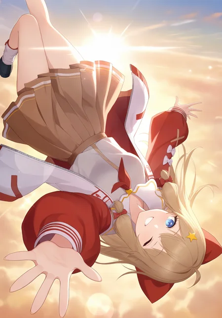 (1girl),(solo),blue eyes,jiaran\(asoul\),medium breasts,star hair ornament, hair bow,light brown hair, jiarannormal,
star hair ornament,red bow,open clothes,puffy sleeves,long sleeves,sailor collar,brown skirt,pleated skirt,black footwear,
BAstyle,
(looking at viewer,smile,one eye closed,sky,cloud,grin,outstretched arm,foreshortening,lens flare,backlighting,upside-down,reaching,outstretched hand,sun,reaching towards viewer,falling,midair,diffraction spikes,above clouds,
masterpiece,best quality,very aesthetic,absurdres,newest,masterpiece,best quality,year 2024,newest,highres,absurdres,,