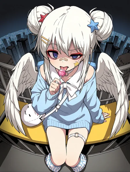 1girl, solo, wagashi \(dagashiya\), [[mel \(melty pot\), mx2j, ningen mame]], [[[[[fu-ta, gogalking]]]]], White hair, double bun, short hair with long locks, red eyeshadow, eyeshadow under eye, blue eyes, empty eyes, bandaid on cheek, bandaid on nose, blue star sticker, red star sticker, sticker on cheek, hair ornaments, White o-ring choker, frilled blue dress, sweater dress, short dress, white collar, sleeves past wrists, sleeve cuffs, white bowtie, white frills, blue backpack, white shoulder bag, cat bag, angel wings, white thigh strap, white leg warmers, mismatched legwear, blue-striped leg warmers, from above, perspective, foreshortening, fisheye, construction site, cityscape, night, looking ahead, facing ahead, tongue out, ((figure four sitting)), disgust, uneven eyes, [[[[shaded face]]]], hand up, arm support, holding lollipop, pink lollipop, pink nails,
 ,masterpiece,best quality,amazing quality,