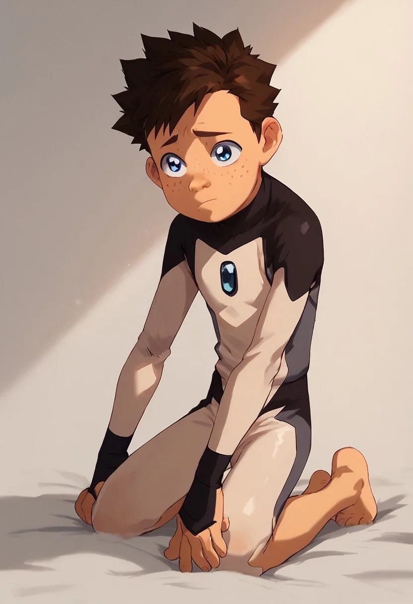 score_9, score_8_up, score_7_up,1boy, solo, cute boy, Koji, Blue Eyes, Brown Hair, Freckles, Bodysuit, Barefoot