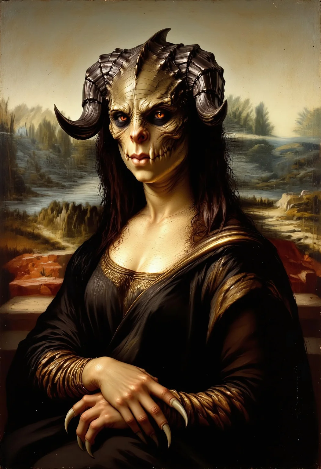 A striking reinterpretation of the Mona Lisa, featuring a Fallout Deathclaw as the subject. The Deathclaw’s face is unmistakably reptilian, with textured scales and piercing eyes, yet it retains the enigmatic smile of the original painting. Large, iconic horns rise from its head, blending naturally with its features, while long, flowing hair styled in Mona Lisa's fashion cascades over its shoulders. The clawed hands rest in the familiar pose, their sharp talons prominent yet composed. The backdrop mirrors the original’s muted Renaissance landscape but incorporates subtle wasteland elements to complement the Deathclaw’s origin. The painterly style and chiaroscuro lighting maintain the timeless aesthetic of da Vinci’s work, reimagined in an epic and fantastical context