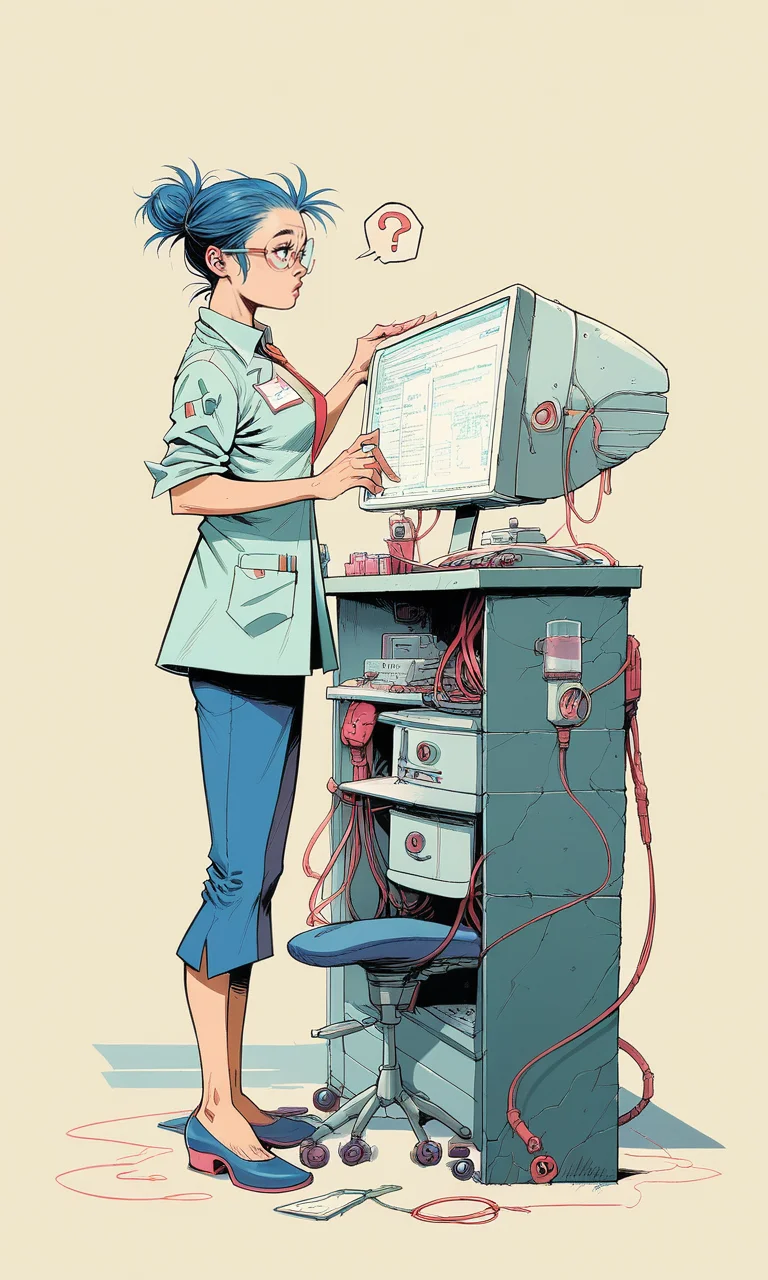 score_9, score_8_up, score_7_up BREAK, (scientist repairing a computer), ((balding)), wearing glasses, wearing a necktie, broken machines, detailed, colorful, ((perfect anatomy)), (question marks round head), full body, <lora:Jamie_Hewlett_GorillazTank_Girl_Style_Pony:1>