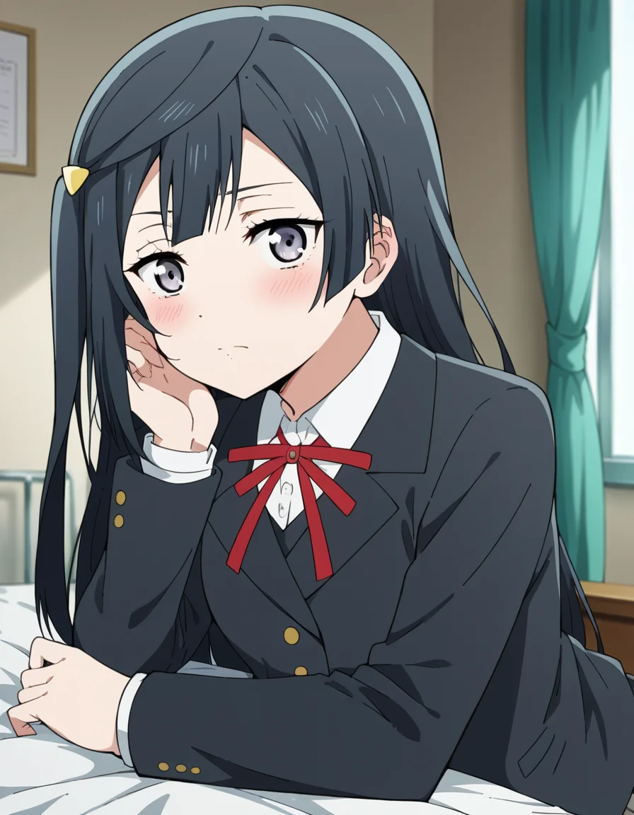 score_9, score_8_up, score_7_up, source_anime, <lora:setsuna-yuuki-s2-ponyxl-lora-nochekaiser:1>, setsuna yuuki, yuuki setsuna (love live!), long hair, bangs, black hair, sidelocks, grey eyes, one side up, hair ornament,, skirt, long sleeves, school uniform, jacket, red ribbon, black jacket, blazer, nijigasaki academy school uniform,, indoors, bed, bed room, on side, blush, drunk, looking at viewer, solo,, cowboy shot, dutch angle