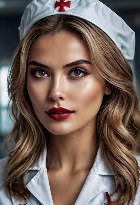 4n4Ch484n-r, woman, solo, (hyper-realistic image, high resolution, extreme detail, 64k), reddish-blonde hair, detailed hair, long wavy hair, captivating brown eyes, detailed eyes, detailed eyelashes, medium breasts, cleavage, breasts, depth of field, fcNeg, gorgeous lips, cinematic, (masterpiece), (best quality), (ultra-detailed), detailed face, hires textures, high detail:1.2),
4n4Ch484n-r, detailed noir-style illustration, closeup portrait of sexy, erotic female nurse, long flowing glossy hair, bangs, nurse cap, dark eyeshadow, red lips, open lab coat, cleavage, mischievous grin, holding a large syringe near her face,