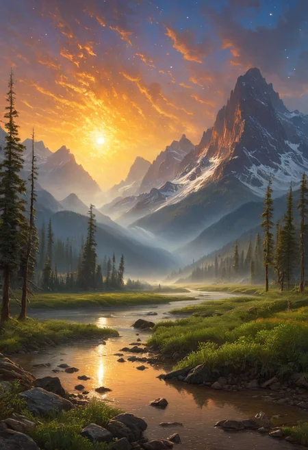 (masterpiece:1.4), (intricate details:1.4), (hyperrealistic:1.3),(painting:0.9),(fantasy landscape:1.3), Albert Bierstadt: (luminous skies), (dramatic mountain vistas), (hyperrealistic naturalism), (golden hour glow), Siberian taiga with frozen rivers, Monsoon downpour flooding rice paddies, Cavum holes in supercooled layers, Urban light pollution washing stars, Oasis palm clusters, Underground city lit by fossilized light, Cauldrons brewing star fragments, Mist showing past/future visions, (fast autofocus, f/8, shutter speed 1/250 sec, iso400, white balance shade, exposure compensation "+2.5 ev", shutter priority shooting mode, rule of thirds, focus mode manual, evaluative metering:1.2),