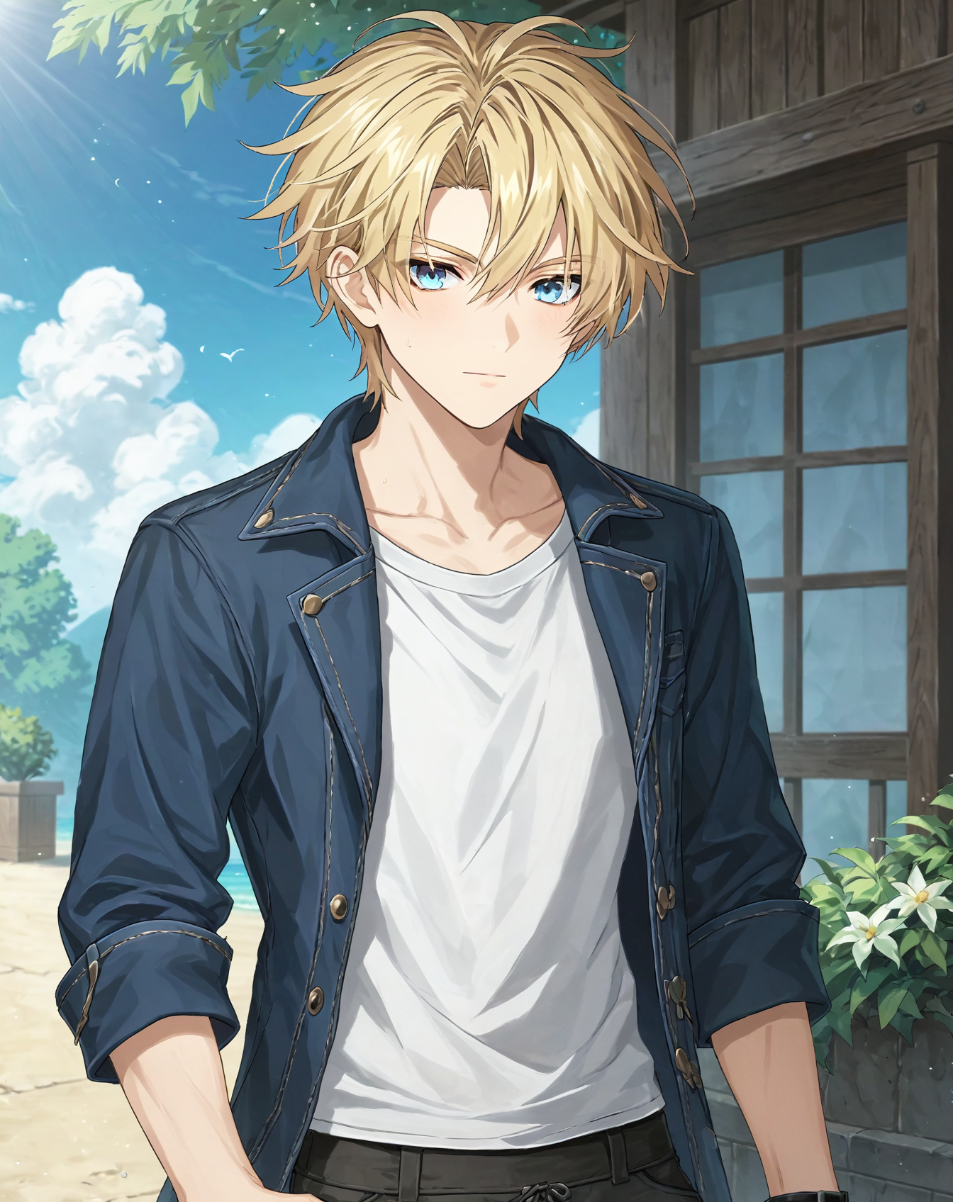 score_9, score_8_up, score_7_up, original style, depth of field, BREAK, rating_safe, 1boy, solo, yaoi, male focus, cowboy shot, skinny,  <lora:brammashell_pony:1> brammashell_gc, blonde hair, blue eyes, short hair, hair between eyes, bangs, casual, pants, looking at viewer, facing viewer, outdoors, day,<lora:sdxl_lightning_8step_lora:1>  <lora:xl_more_art-full_v1:0.5>  <lora:Pony_DetailV2.0:1> <lora:Pony_QualityV4.0:1>