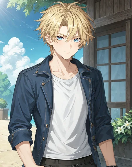 score_9, score_8_up, score_7_up, original style, depth of field, BREAK, rating_safe, 1boy, solo, yaoi, male focus, cowboy shot, skinny, <lora:brammashell_pony:1> brammashell_gc, blonde hair, blue eyes, short hair, hair between eyes, bangs, casual, pants, looking at viewer, facing viewer, outdoors, day,<lora:sdxl_lightning_8step_lora:1> <lora:xl_more_art-full_v1:0.5> <lora:Pony_DetailV2.0:1> <lora:Pony_QualityV4.0:1>
