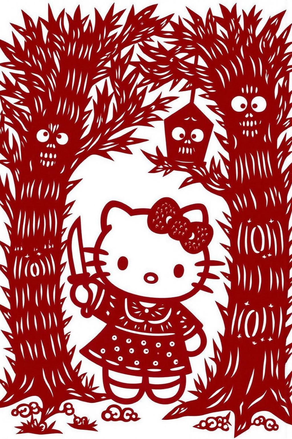 papercut art of 
Hello Kitty in the middle of the forest holding a knife, the atmosphere and the character looks scary, Hello Kitty is hidden by the shadows
 <lora:papercut1_cap_d6a3e12:1.0><lora:823265726786943858:0>
