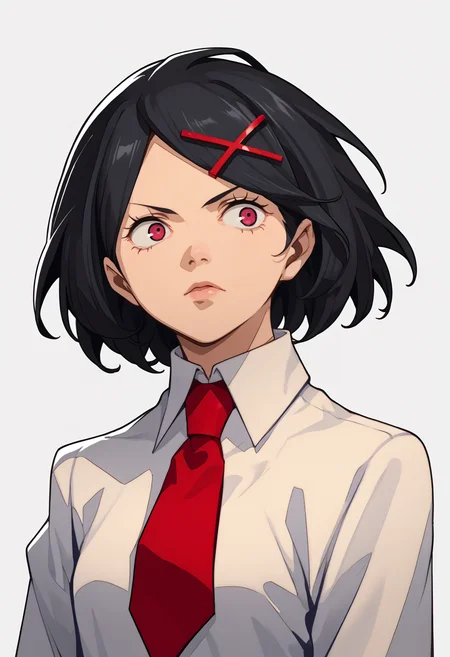 score_9, score_8_up, score_7_up, source_anime, 1girl, solo,
<lora:zs_P3ReloadPortraitsXL:1> p3reloadportraits, portrait, white background
<lora:rcg_misako_ponyXL:1> rcgmisako, hairclip, x hair ornament, white shirt, red necktie, long sleeves,
