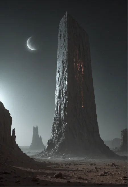 surface of a desolate moon, observing an immense alien monolith thatâs emitting an eerie, pulsating light. cinematic. still, artistic.