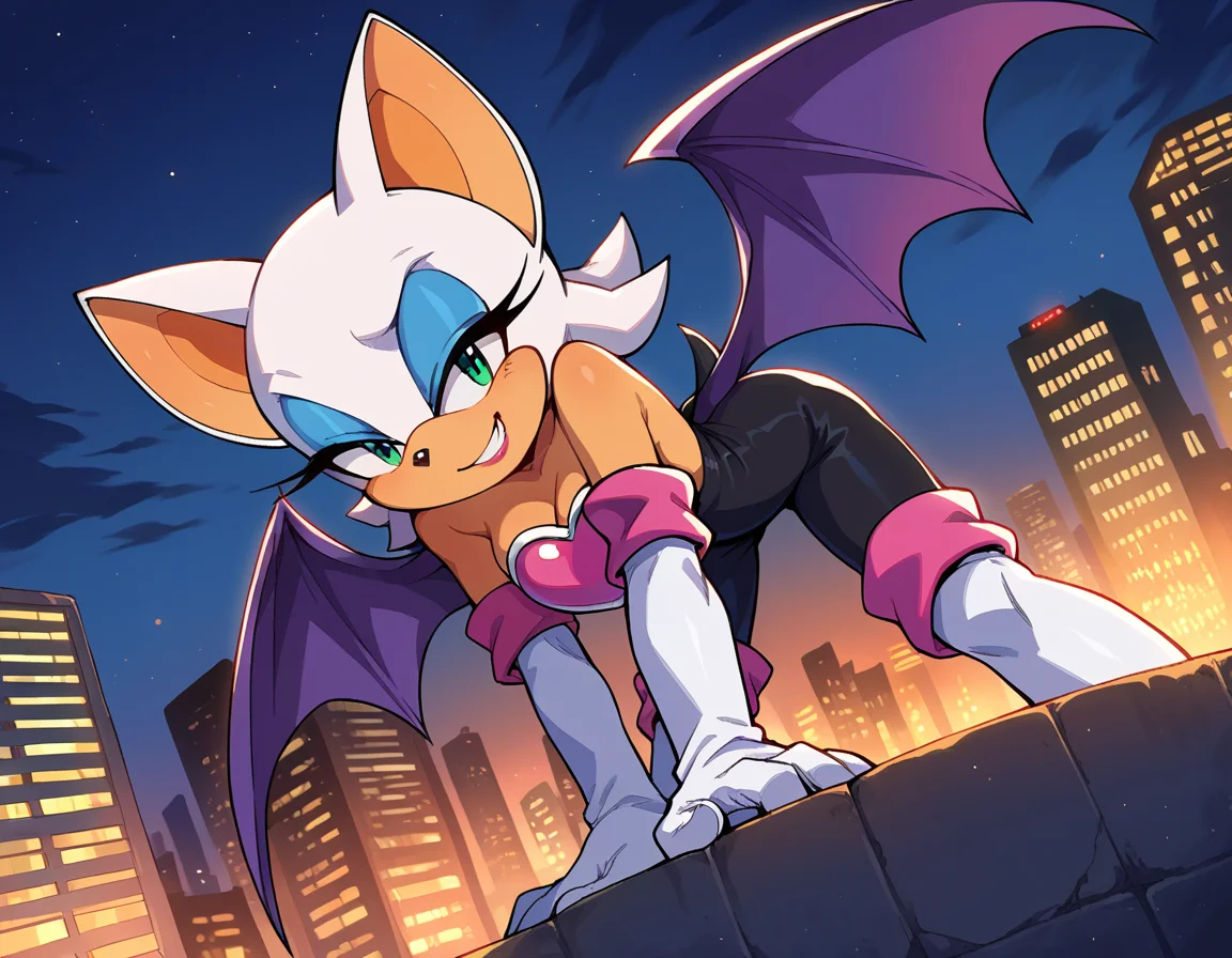 score_9, score_8_up, score_7_up, source_anime,
rougethebat, <lora:rouge-the-bat-ponyxl-lora-nochekaiser:1>
rouge, animal ears, bat ears, bat girl, bat tail, bat wings, eyeliner, furry, furry female, green eyes, makeup, tail, white hair, wings, eyeshadow,
bare shoulders, boots, elbow gloves, gloves, heart, knee boots, white footwear, white gloves,
outdoors, cityscape, night, smile, bent over,
looking at viewer, cowboy shot, dutch angle, solo,