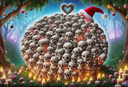 A happy cute, bunny, made of skulls, (wearing a Christmas hat), Adorable, heart warming, cheerful, detailed, bright colours, friendly expression, small size, shiny, eco-friendly, garden, environmental, sunlight, shadows, digital art, whimsical, playful, intricate details, high resolution, photorealistic, joyful atmosphere, gentle, soft lighting, cartoonish style, enchanting, vivid, appealing, character design, imaginative, family-friendly, [photography, realistic, photorealistic, (8k), (highly detailed), cinematic lighting, intricate details, (high resolution), award-winning,   correct focus, realistic, realistic lighting, (highly detailed),  masterpiece], ((Cinematic Still-Shot)), slimes_skullwm,