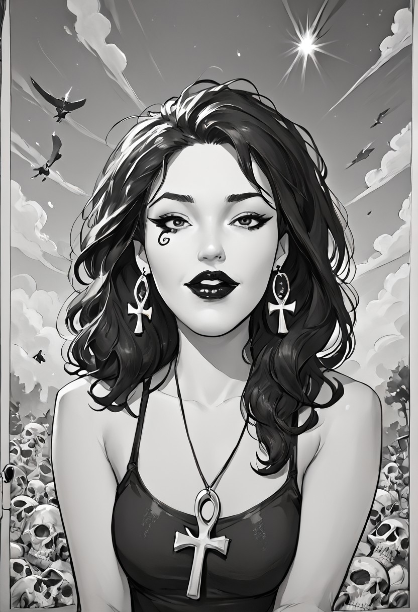 score_9, score_8_up,source_photo,hyper-realistic,perfect lighting,realistic lighting,high quality, Comet Gurl
Break
dsk_death, 1girl, earrings, jewelry, necklace, ankh necklace, monochrome, traditional media, sketch, black lips, cross earrings, long hair, lipstick, makeup, skull, looking at viewer, comic art style, death_of_the_endless\(sandman\), greyscale, monochrome, cinematic angle, cinematic lighting, BREAK zPDXL2 PonyXLV6_Scores