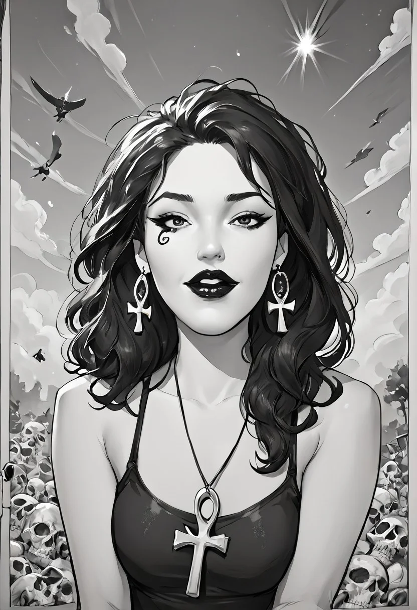 score_9, score_8_up,source_photo,hyper-realistic,perfect lighting,realistic lighting,high quality, Comet Gurl
Break
dsk_death, 1girl, earrings, jewelry, necklace, ankh necklace, monochrome, traditional media, sketch, black lips, cross earrings, long hair, lipstick, makeup, skull, looking at viewer, comic art style, death_of_the_endless\(sandman\), greyscale, monochrome, cinematic angle, cinematic lighting, BREAK zPDXL2 PonyXLV6_Scores
