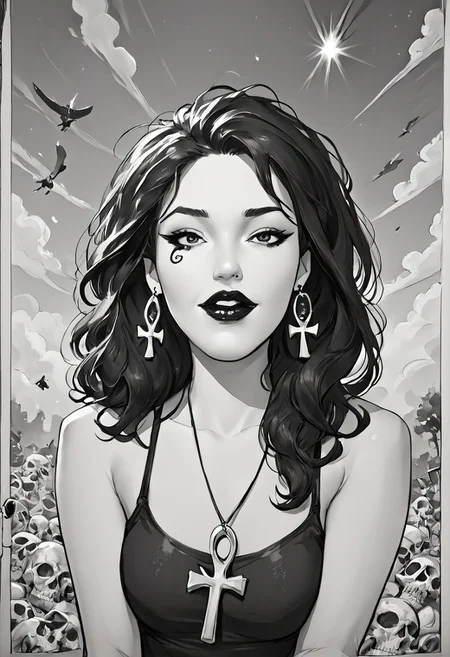 score_9, score_8_up,source_photo,hyper-realistic,perfect lighting,realistic lighting,high quality, Comet Gurl
Break
dsk_death, 1girl, earrings, jewelry, necklace, ankh necklace, monochrome, traditional media, sketch, black lips, cross earrings, long hair, lipstick, makeup, skull, looking at viewer, comic art style, death_of_the_endless\(sandman\), greyscale, monochrome, cinematic angle, cinematic lighting, BREAK zPDXL2 PonyXLV6_Scores