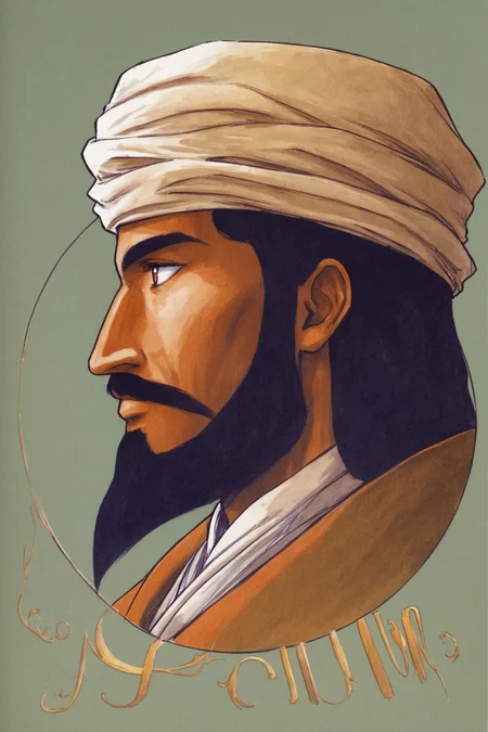 solo, male focus, 1boy, facial hair, round image, beard, profile, turban, mustache, black hair, portrait, dark skin, hat, copyright name,retro artstyle,traditional media,marker_(medium),<lora:Yutaka Izubuchi_XL:0.8>,