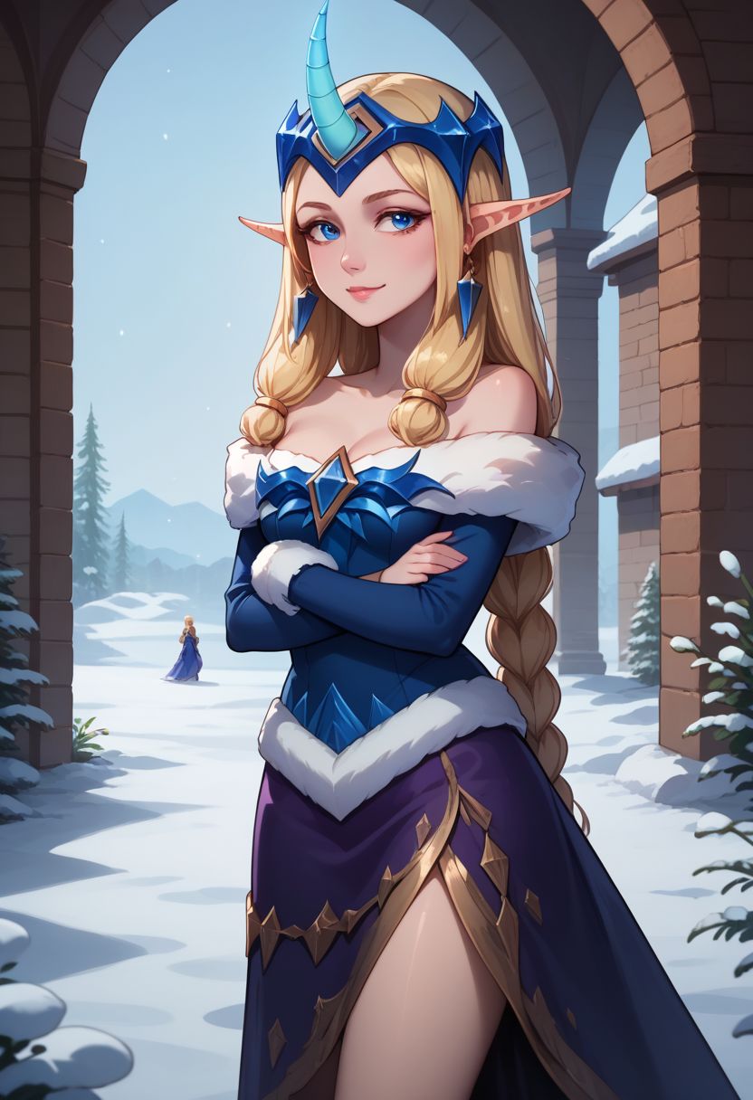 score_9, score_8_up, score_7_up, source_anime, 1girl, wwsoraka, pointy ears, blonde hair, blue eyes, braid, horns, single horn, medium breasts, bare shoulders, collarbone, earrings, jewelry, fur trim, blue dress, long sleeves, cleavage, off shoulder, purple skirt, snow, snowing, standing, light smile, looking at viewer, outdoors, crossed arms, <lora:wwsoraka_v1-000010:1>