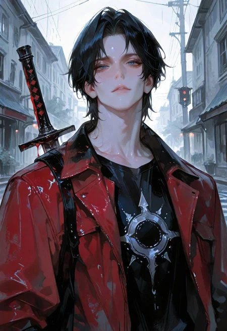 masterpiece, absurdres, newest, best quality, amazing quality, very aesthetic, {{1boy}}, black hair, handsome, detailed eyes, {{adult}}, (adult, 30 years old), chiseled jaw, toned body, light , masculine, wearing a open red jacket, black shirt, , fully clothed, {{angular face}}, blue eyes, muted colors, {{handsome detailed face}}, semi-realistic, watercolor on paper, raining blood, black sun, walking on street, holding a sword, sword made of light, , {{aesthetic}}, {{{best quality}}}, stunning, perfect body, looking at viewer, angular face, highly textured, upper body, on streets, portrait, male focus, detailed background, (masterpiece, detailed), 96yottea, 748cmstyle, usnr, close up, portrait, character portrait,