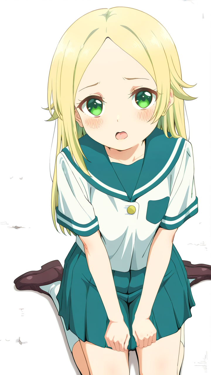 white_background,simple background,1girl,solo,full_shot,looking_at_viewer,blush,anime screenshot,sincos,<lora:Matsugasaki_Karen_Illustrious_v2:1>,Matsugasaki Karen,shy,school uniform,serafuku,short sleeves,white socks,skirt,brown footwear,shoes,socks,pleated skirt,kneeling,looking_up,front view,from_above,open mouth,tongue,, masterpiece, best quality