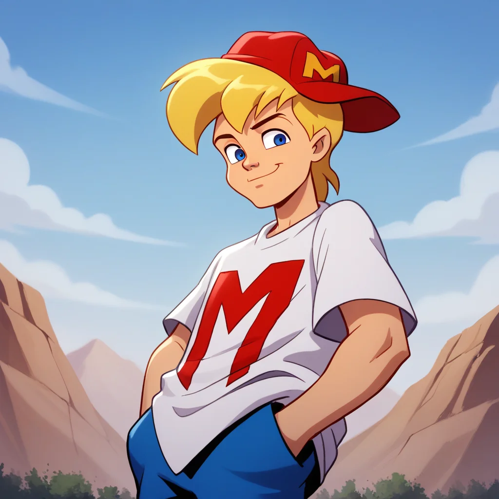 score_9_up, score_8_up, BREAK, MightyMax, 1boy, solo, blonde hair, blue eyes, red hat, white shirt, blue pants, cowboy shot, <lora:MAX_MightyMax_PXL_Leaf1:1>, hands in pockets, outdoors, blue sky, smile, 2000s \(style\),