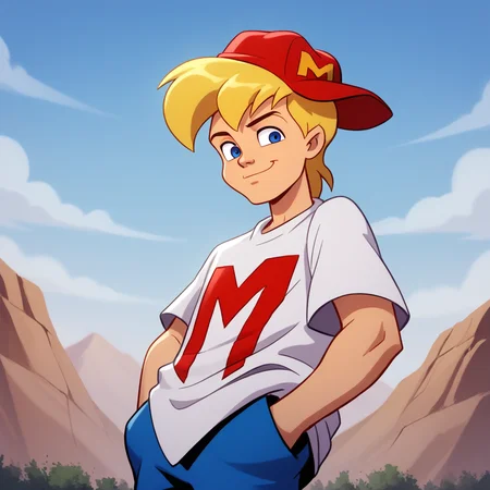 score_9_up, score_8_up, BREAK, MightyMax, 1boy, solo, blonde hair, blue eyes, red hat, white shirt, blue pants, cowboy shot, <lora:MAX_MightyMax_PXL_Leaf1:1>, hands in pockets, outdoors, blue sky, smile, 2000s \(style\),