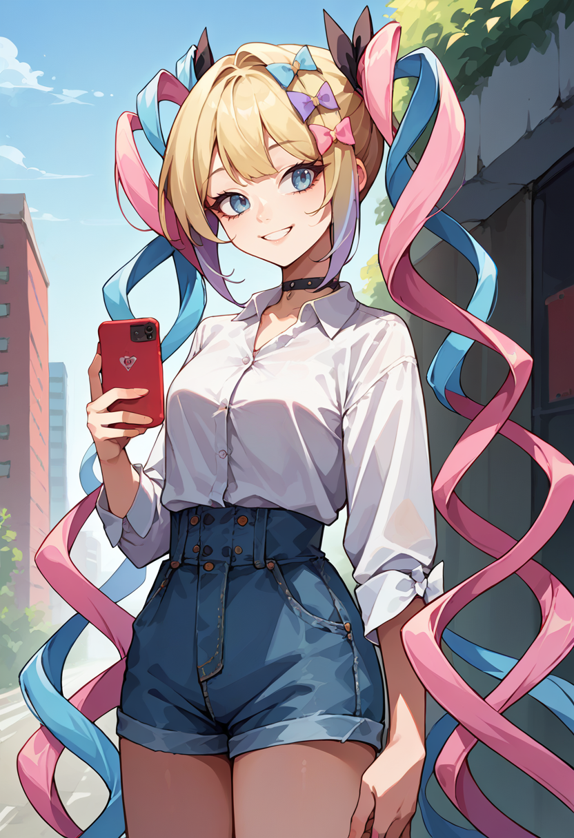 score_9, score_8_up, source_anime, 1girl, solo, KAngel, blue eyes, multicolored hair, blonde hair, blue hair, pink hair, very long hair, quad tails, multiple hair bows, white shirt, dress shirt, black choker, holding cellphone, denim shorts, high-waist shorts, outdoors, smile, <lora:ChamKAngelPonyXL:0.8>
