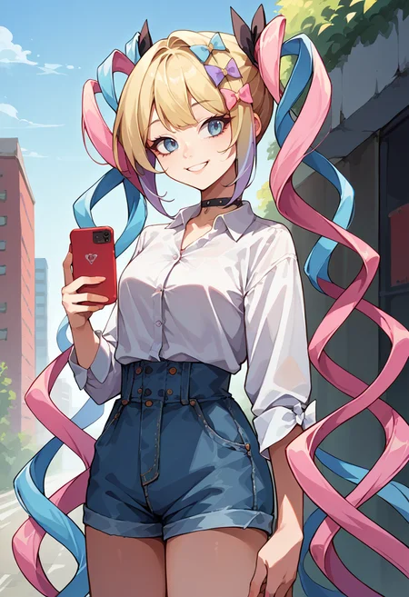 score_9, score_8_up, source_anime, 1girl, solo, KAngel, blue eyes, multicolored hair, blonde hair, blue hair, pink hair, very long hair, quad tails, multiple hair bows, white shirt, dress shirt, black choker, holding cellphone, denim shorts, high-waist shorts, outdoors, smile, <lora:ChamKAngelPonyXL:0.8>