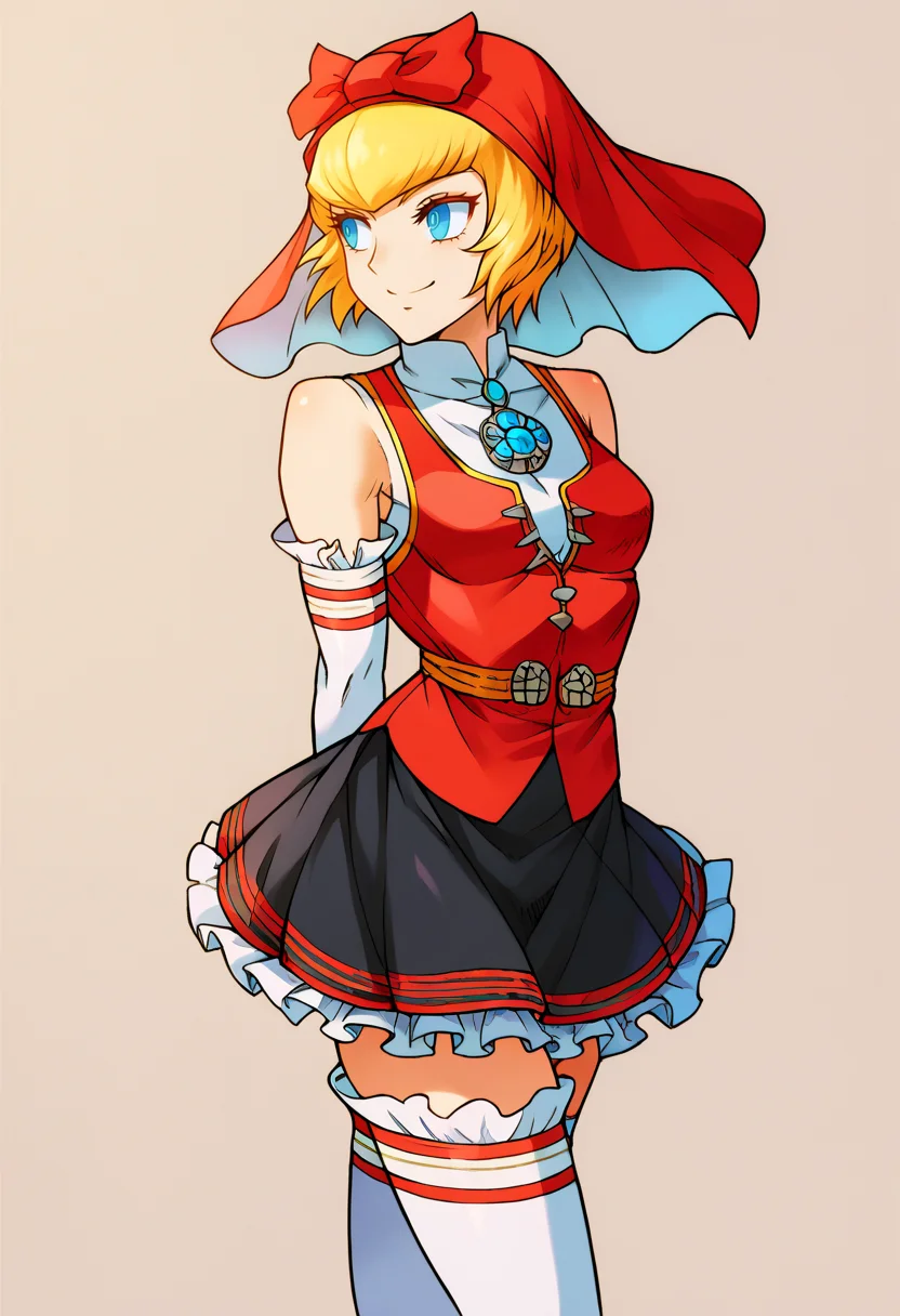 score_9, score_7_up, BREAK, solo, 1girl, <lora:MVC2_GLoRA-pdxl_Fp:1>, simple background, <lora:Idun-pdxl-DoRA_Fp:0.8>, idunnsmt, short hair, blonde hair, blue eyes, veil, red bow, red dress, vest, frilled skirt, white gloves, elbow gloves, white thighhighs, bare shoulders, miniskirt, black skirt, smile, standing, arms behind back, brooch,
