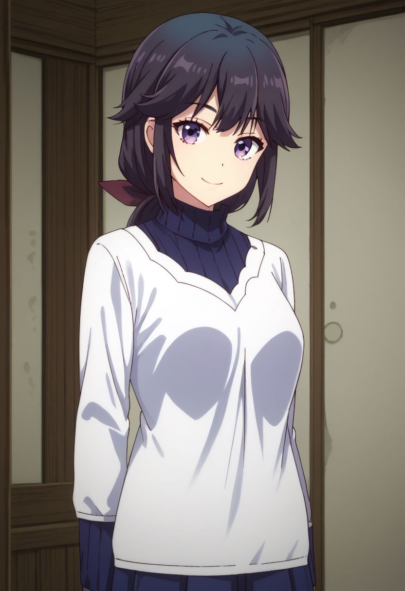 score_9, score_8_up, score_7_up, source_anime, highly detailed, 
seiko, 1girl, solo, skirt, smile, upper body, looking at viewer, black hair, long hair, ponytail, blue skirt, standing, short hair, purple eyes, long sleeves, sweater, pleated skirt,
indoor, japanese