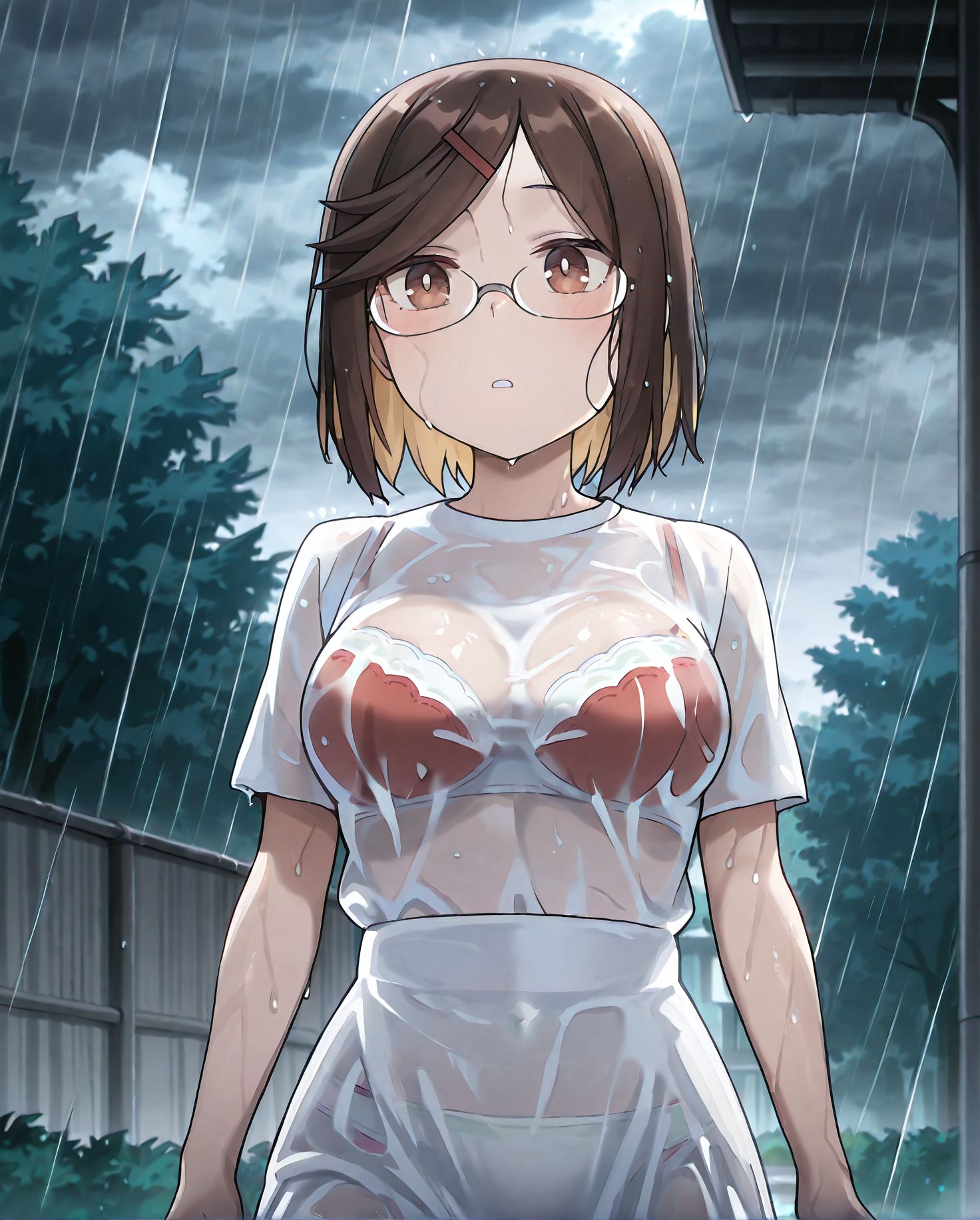 masterpiece best quality newest absurdres highres detailed eyes beautiful detailed background perfect eyes anime coloring anime screencap<lora:add-detail-xl:0.5>,
<lora:sheer_clothing:0.9>,sheer_clothingV1,
1girl,solo,underwear,bra,see-through,breasts,
sheer clothing with visible bra,wet, 
sheer skirt with visible panties,
outdoors, rain,dark,cloudy sky, 
BREAK
<lora:Koga_Konoha_v1.0_Illustrious-000040:1>, Koga Konoha,brown eyes,brown hair, hairclip,glasses,
mature female, 20YO,