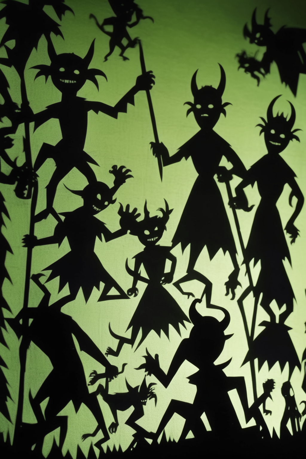 <lora:Lotte Reinige Style:1>Lotte Reinige Style - Interplay of shadows of medieval people struggling to find their way through a medieval jungle full of psychological projections of green demons and Green Devils