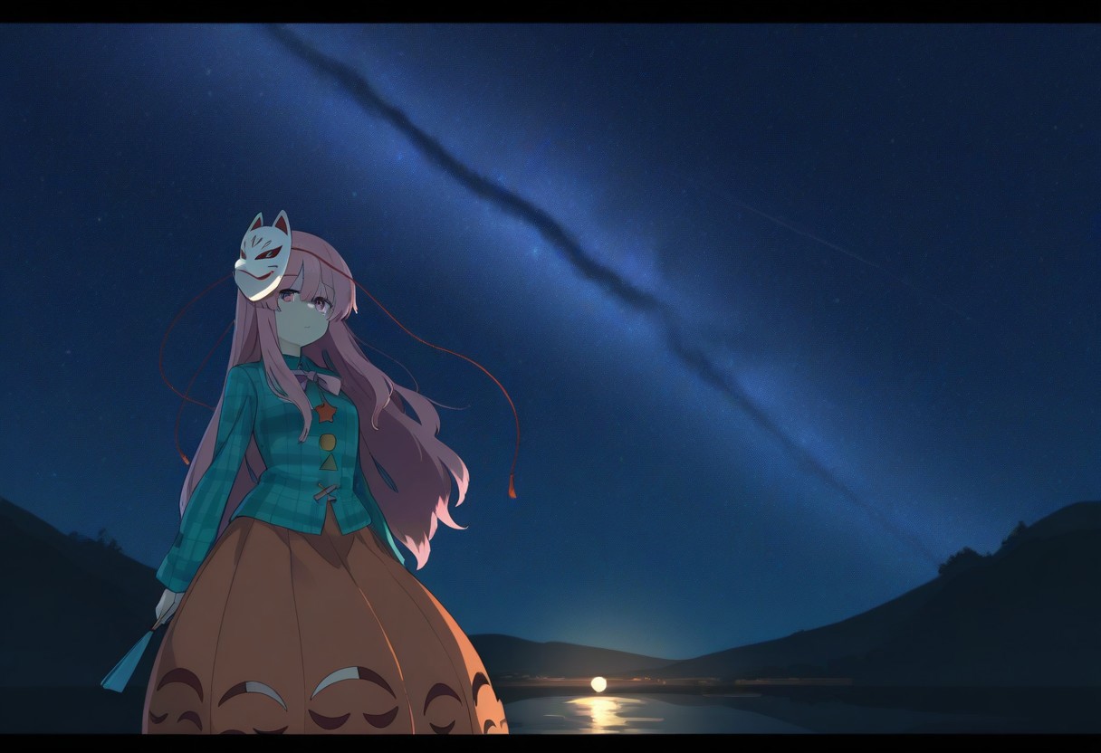 masterpiece, best quality, amazing quality, 1girl, solo, hata no kokoro, touhou, expressionless, pink hair, long hair, pink eyes, fox mask, blue shirt, plaid shirt, bubble skirt, orange skirt, bowtie, blue fan, holding fan, long sleeves, scenery, letterboxed, starry sky, night, looking at viewer