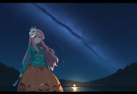 masterpiece, best quality, amazing quality, 1girl, solo, hata no kokoro, touhou, expressionless, pink hair, long hair, pink eyes, fox mask, blue shirt, plaid shirt, bubble skirt, orange skirt, bowtie, blue fan, holding fan, long sleeves, scenery, letterboxed, starry sky, night, looking at viewer