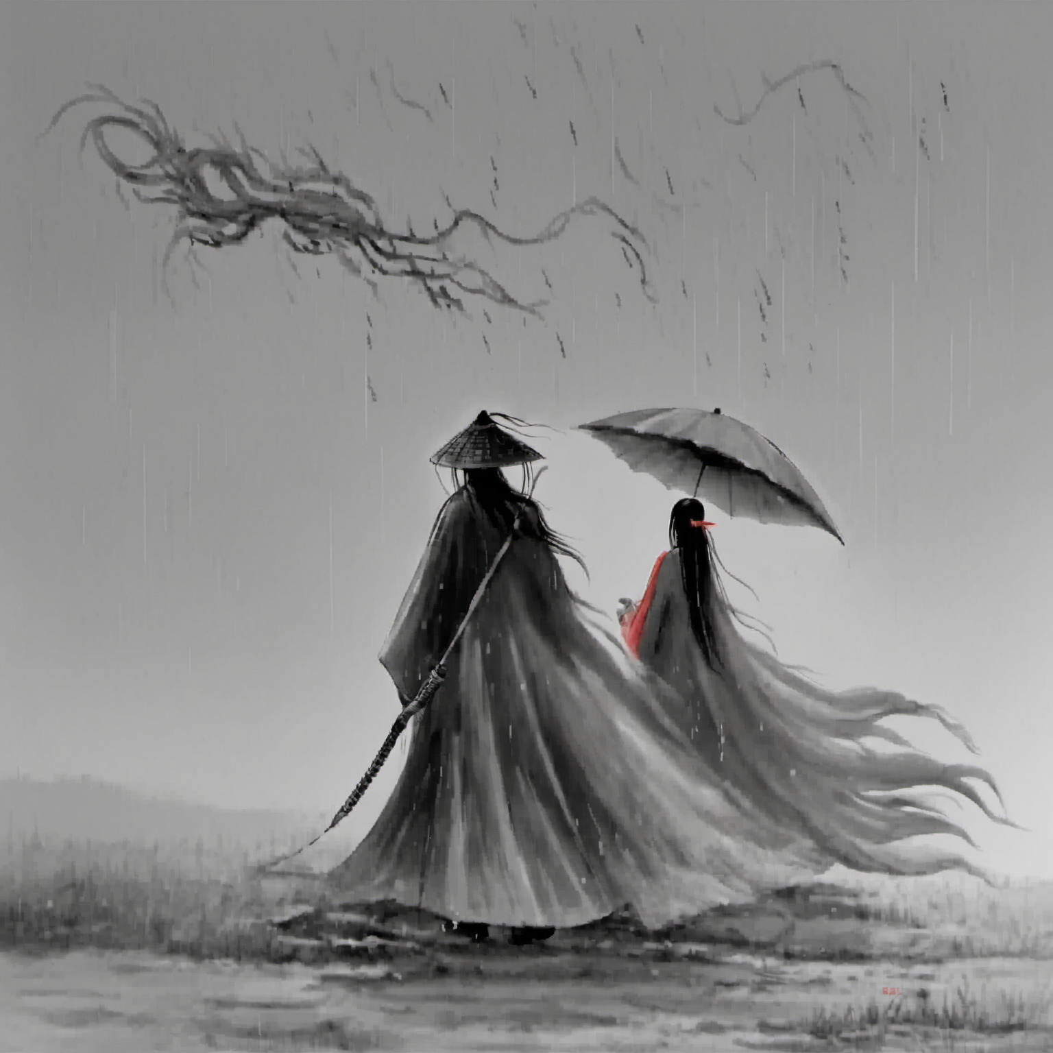 <lora:ink_xiakexing_xl:0.8>,1girl,red dress,dragon,ink painting,
ink painting,a man in coir raincoat holding an umbrella in the rain with a woman in the background walking in the rain,1girl,long hair,1boy,hat,standing,monochrome,weapon,greyscale,sword,from behind,letterboxed,cloak,black hair,male focus,katana,rain,weapon on back,ajirogasa,