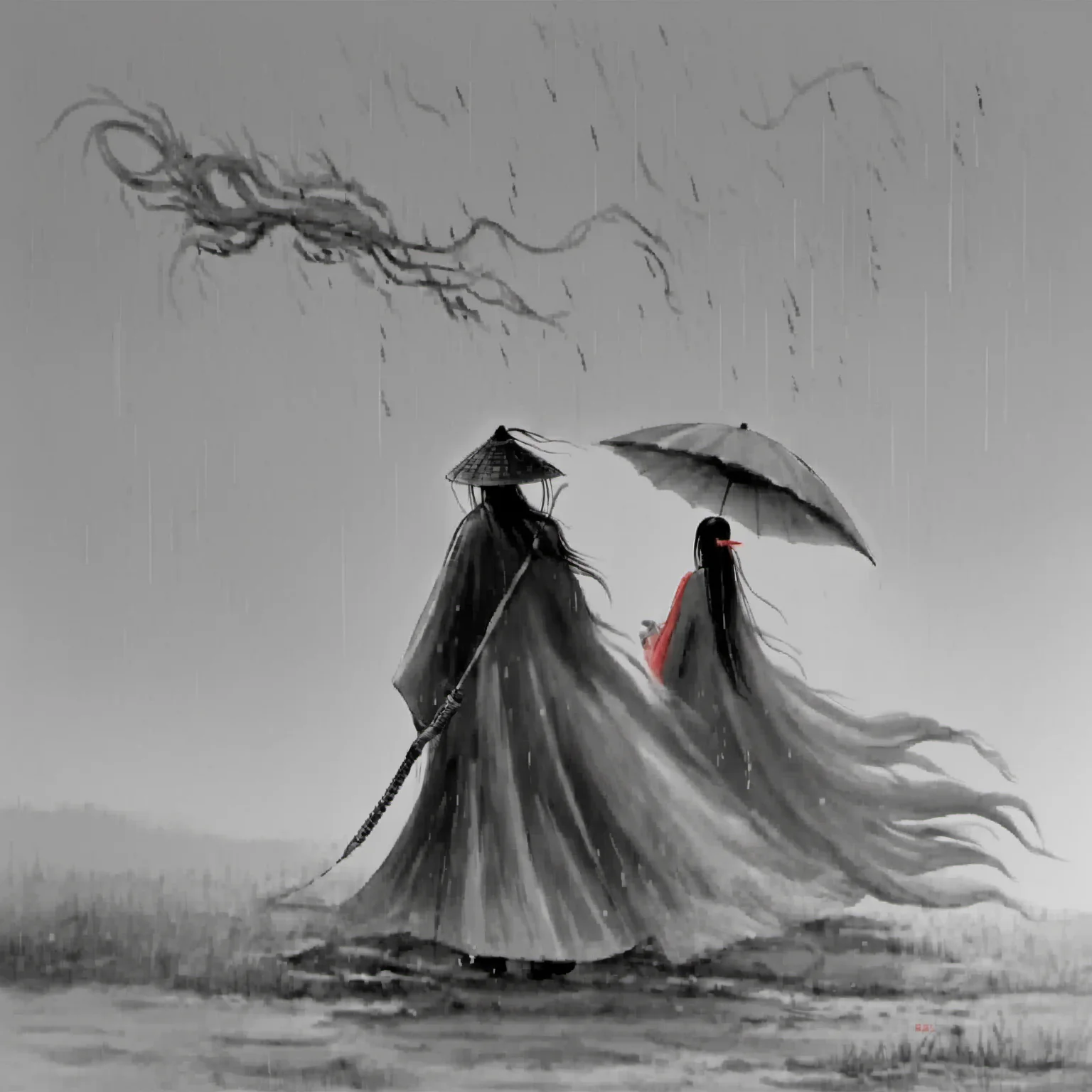<lora:ink_xiakexing_xl:0.8>,1girl,red dress,dragon,ink painting,
ink painting,a man in coir raincoat holding an umbrella in the rain with a woman in the background walking in the rain,1girl,long hair,1boy,hat,standing,monochrome,weapon,greyscale,sword,from behind,letterboxed,cloak,black hair,male focus,katana,rain,weapon on back,ajirogasa,