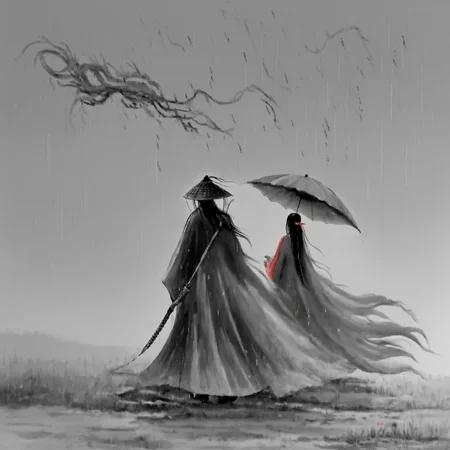 <lora:ink_xiakexing_xl:0.8>,1girl,red dress,dragon,ink painting,
ink painting,a man in coir raincoat holding an umbrella in the rain with a woman in the background walking in the rain,1girl,long hair,1boy,hat,standing,monochrome,weapon,greyscale,sword,from behind,letterboxed,cloak,black hair,male focus,katana,rain,weapon on back,ajirogasa,