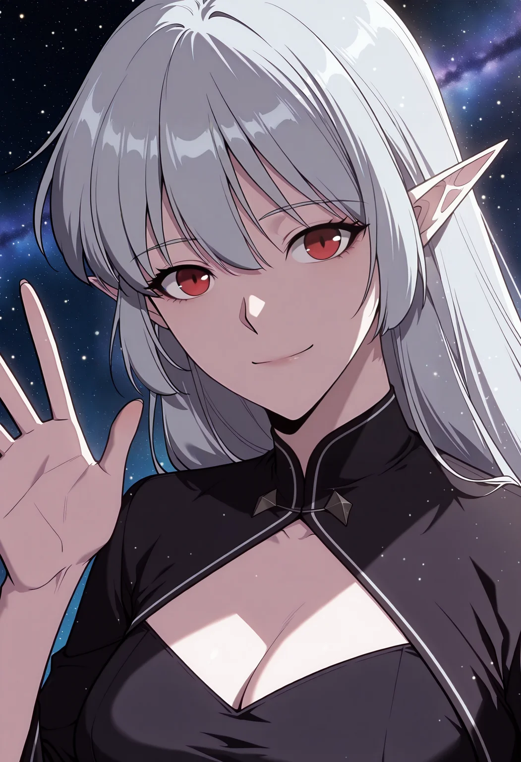 anime screenshot,masterpiece,best quality,(waving at viewer:1.9),galaxy background,light particles,light smile,cosmic background,portrait,no building,<lora:AliceF7:1>,1girl,red eyes,devil_eyes,long hair,grey hair,hair between eyes,pointy ears,flowing hair,medium breast,cleavage || VampireDZ1,black dress,pencil dress,high collar,collared dress,cut-out dress,white trim,black robe,long sleeves,flowing robe,flared cuffs,bat wings,demon wings,facing viewer,
<lora:anime_screencap-IllustriousV2:0.7>,anime screencap,anime coloring,