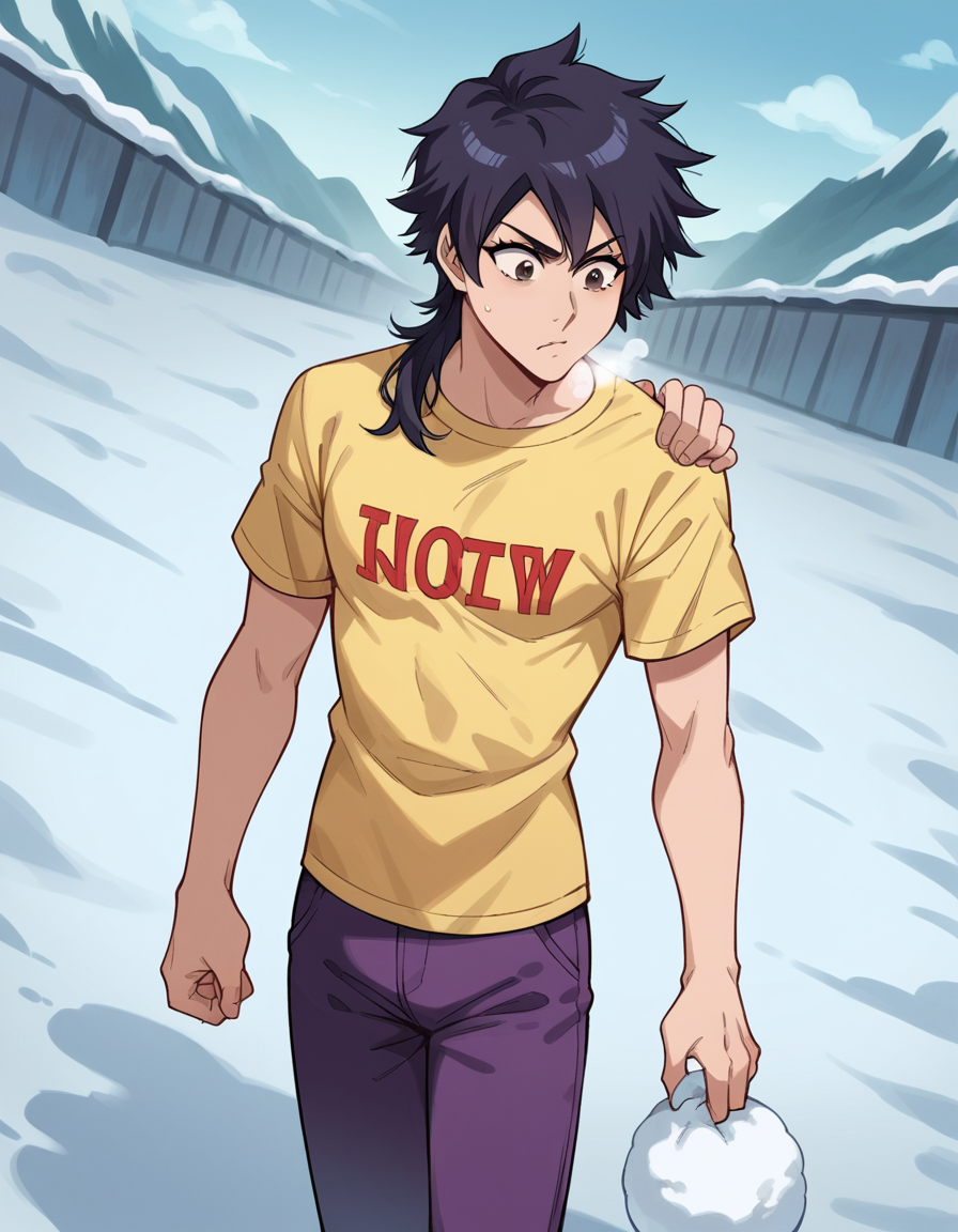 score_9, score_8_up, score_7_up, source_anime, <lora:tatsuki-arisawa-anime-ponyxl-lora-nochekaiser:1>, tatsuki, short hair, black hair, long hair, brown eyes,, t-shirt, shirt, yellow shirt, short sleeves, pants, purple pants,, snow day, winter clothes, snowball fight, laughter, cold breath, white landscape, , , foot on ground, hand on shoulder, elbow out, solo,, cowboy shot, dutch angle