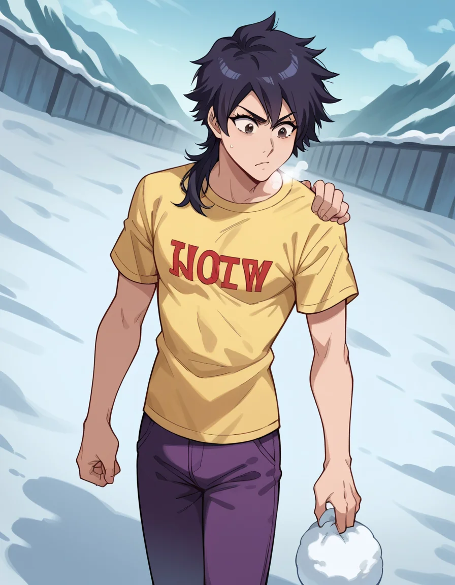 score_9, score_8_up, score_7_up, source_anime, <lora:tatsuki-arisawa-anime-ponyxl-lora-nochekaiser:1>, tatsuki, short hair, black hair, long hair, brown eyes,, t-shirt, shirt, yellow shirt, short sleeves, pants, purple pants,, snow day, winter clothes, snowball fight, laughter, cold breath, white landscape, , , foot on ground, hand on shoulder, elbow out, solo,, cowboy shot, dutch angle