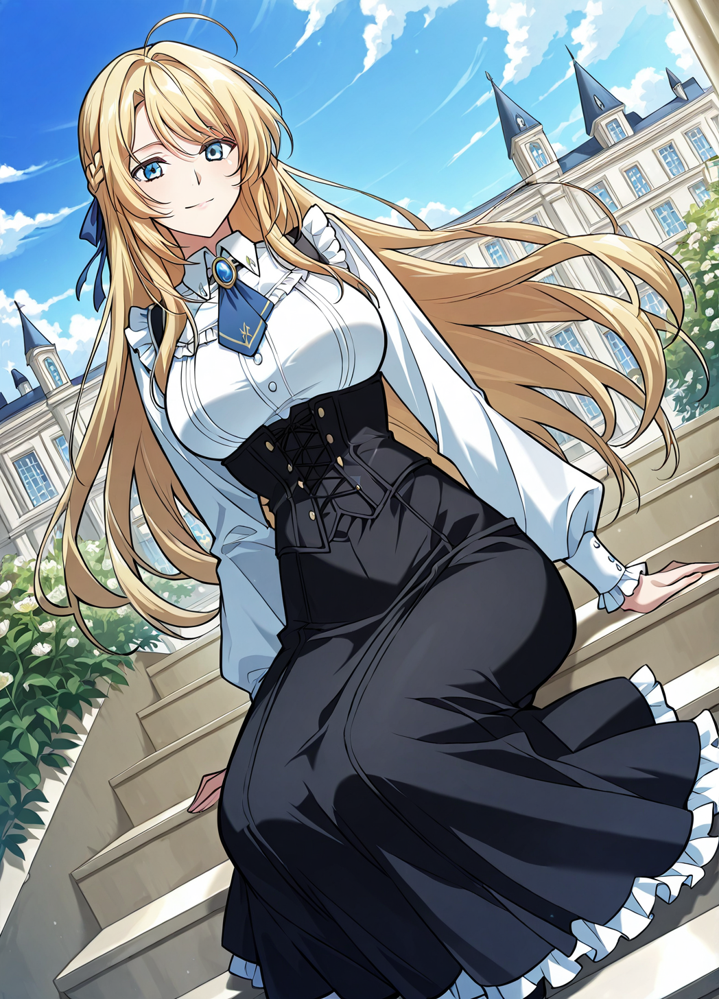 <lora:Kiri_Frodmain Illustrious:1>
1 girl, solo, blue eyes, blonde hair, long hair, loose hair, french braid, bangs, large breasts
black skirt, white shirt, ahoge, blue ribbon, long sleeves, hair ribbon, brooch, jewelry, corset, high-waist skirt, blue necktie, collared shirt, frills
score_9, score_8_up, score_7_up, very aesthetic, source_anime, detailed, high quality, beautiful, masterpiece, detailed eyes, mansion, plants, flowers, clouds, light smile, dynamic angle, full body, sitting on stairs
