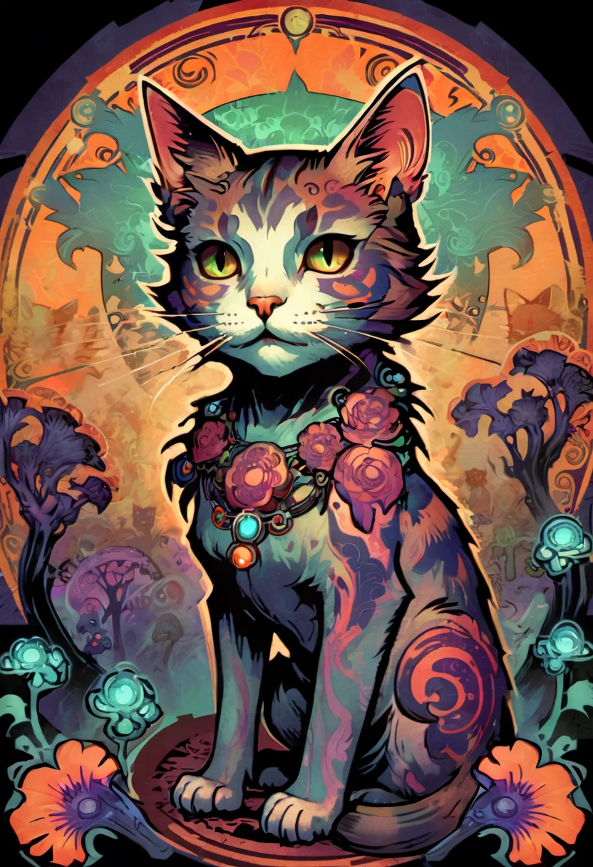 ccxl-mucha, art style, cat, Psychedelic art drdjns style, comic book artwork in dgst artstyle <lora:ccxl-mucha_lora_vA1:0.75> <lora:drdjns:0.75> <lora:SDXL1.0_Essenz-series-by-AI_Characters_Style_DarkestDungeonChrisBourassa-v1.1:0.95>